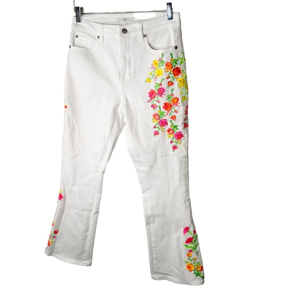 7 For All Mankind 7FAMK Neon Floral Embroidery Flare White Cropped Kick Jeans 28 - Picture 8 of 15